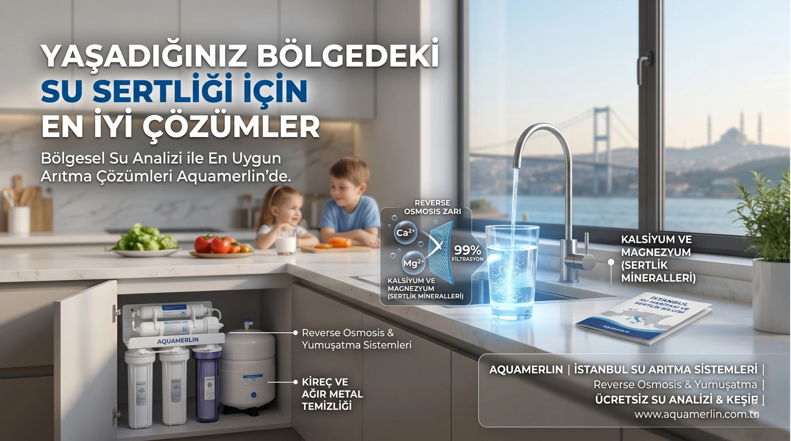 Aquamerlin su arıtma cihazı kurulumu ve kireçli şebeke suyu filtreleme işlemi.