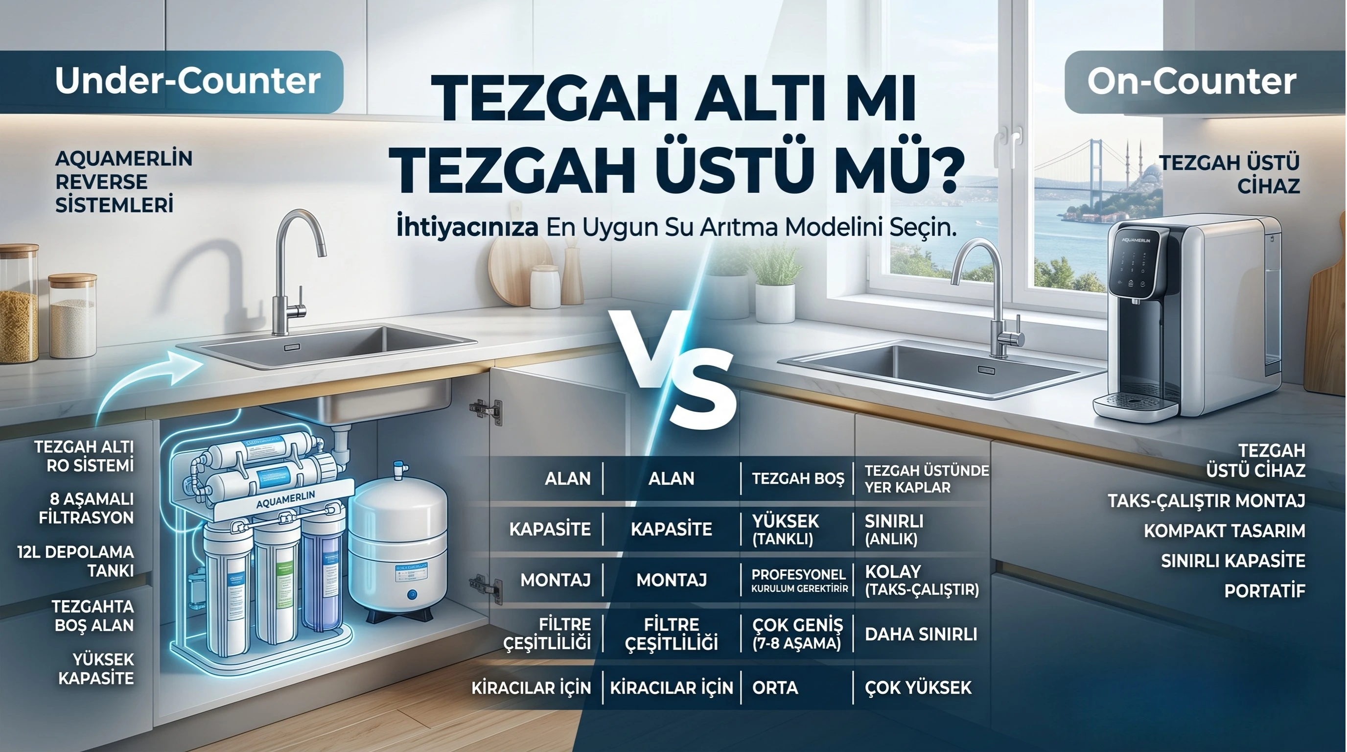 Mutfak tezgahı altında ve üstünde duran iki farklı Aquamerlin su arıtma cihazı modeli karşılaştırması.