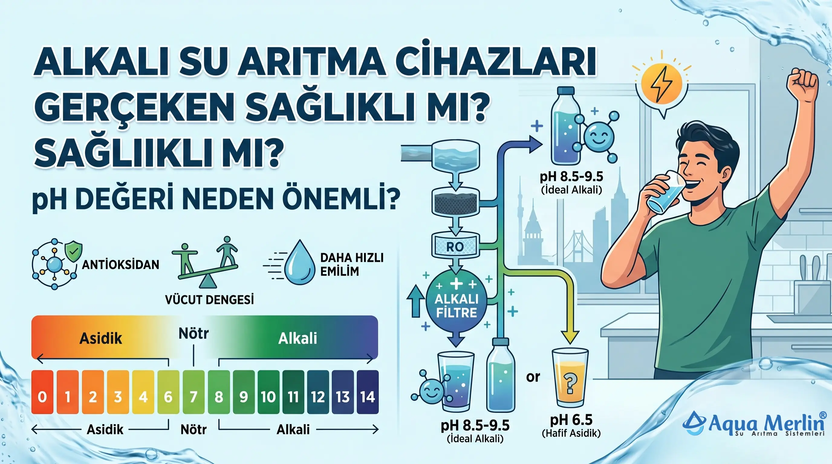 Alkali su arıtma cihazı pH ölçüm testi ve mineral filtreleme aşamaları.