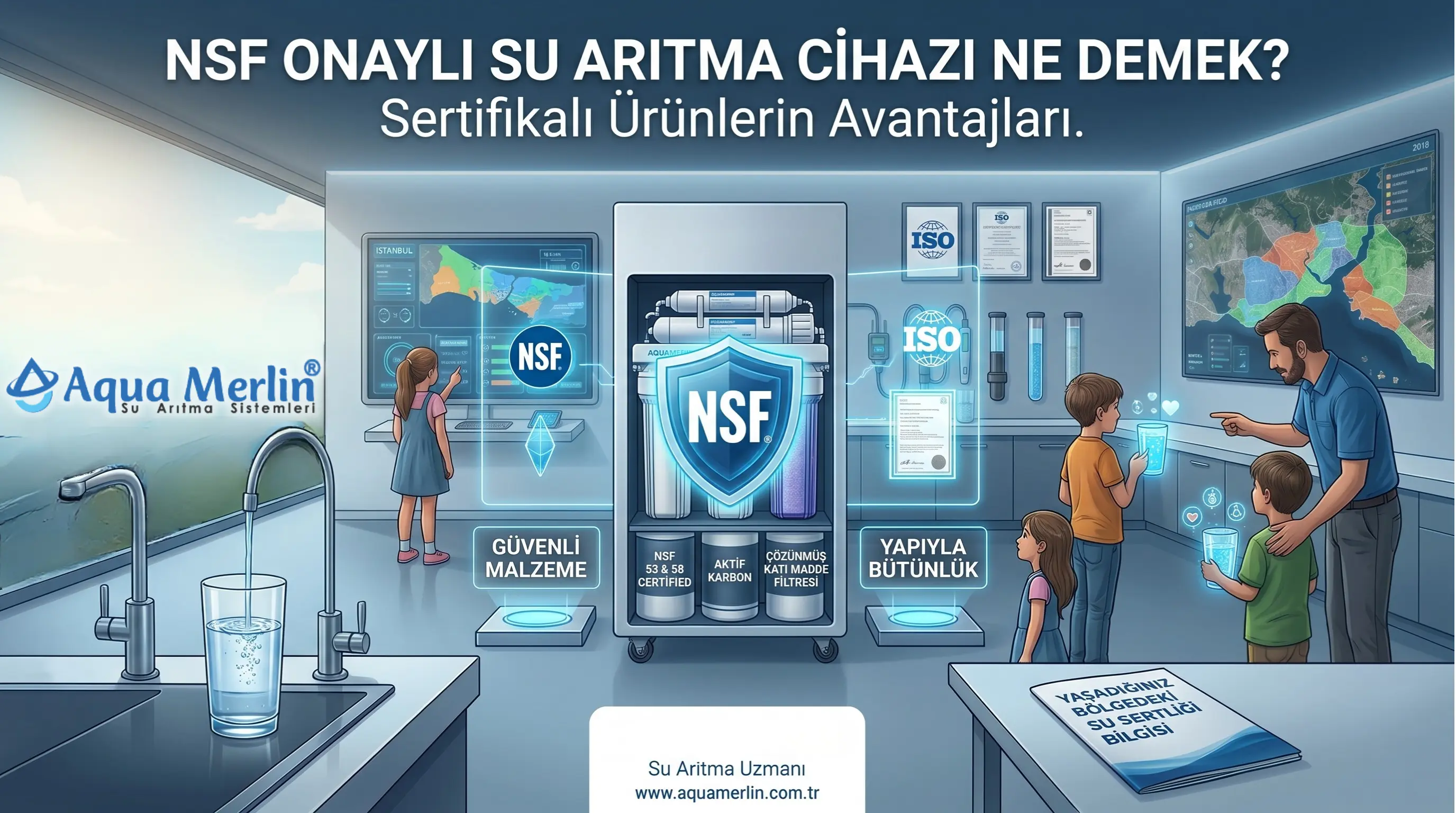 Bir Aquamerlin su arıtma cihazı üzerindeki NSF 58 ve NSF 42 sertifika logolarının yakından görünümü